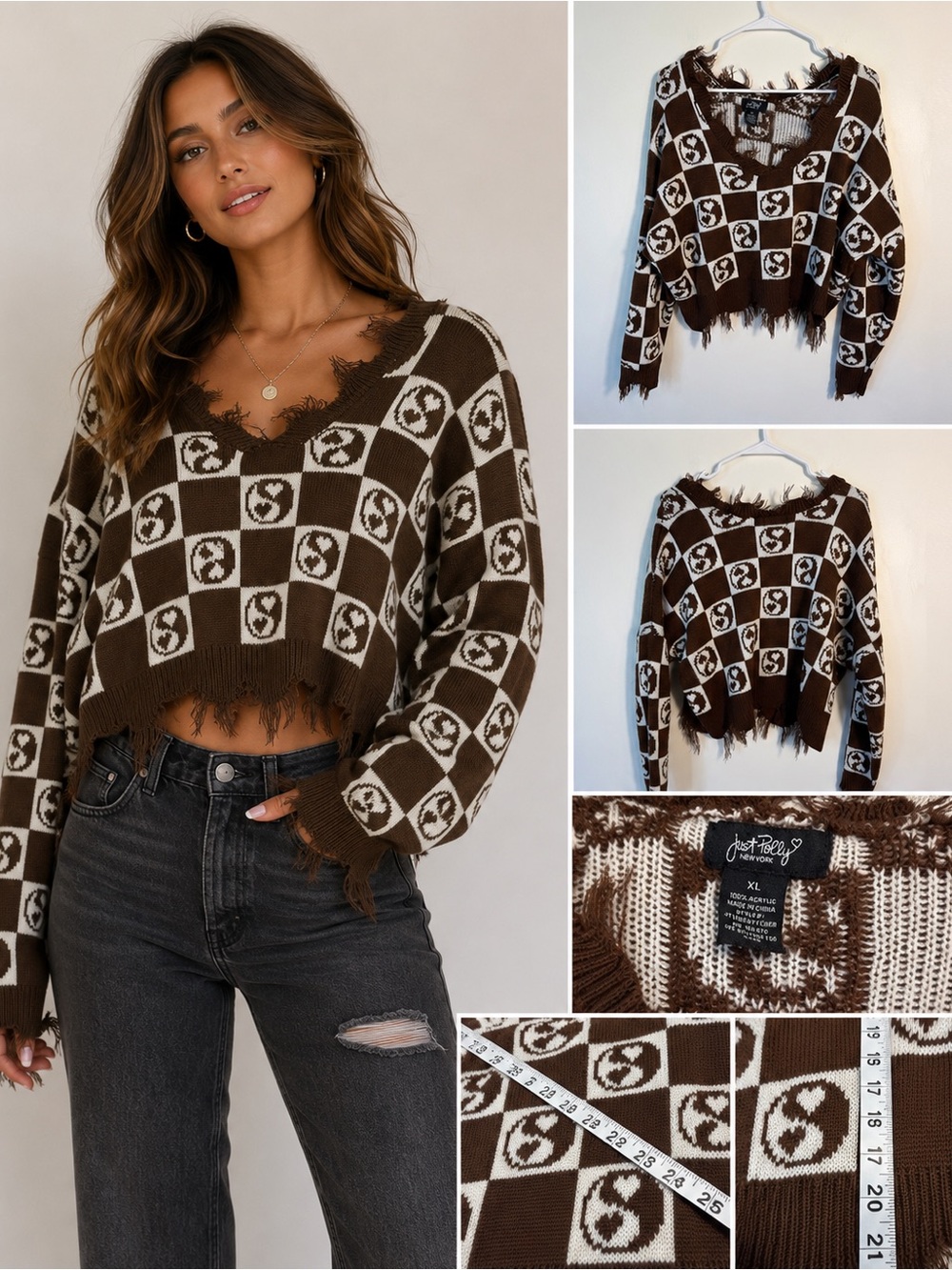 Just Polly fringe Brown Checkered Distressed V-Neck Sweater XL Y2K fall cozy